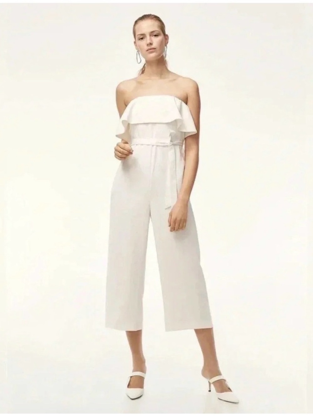 Babaton White Strapless Ruffle Wide-Leg Cropped Jumpsuit